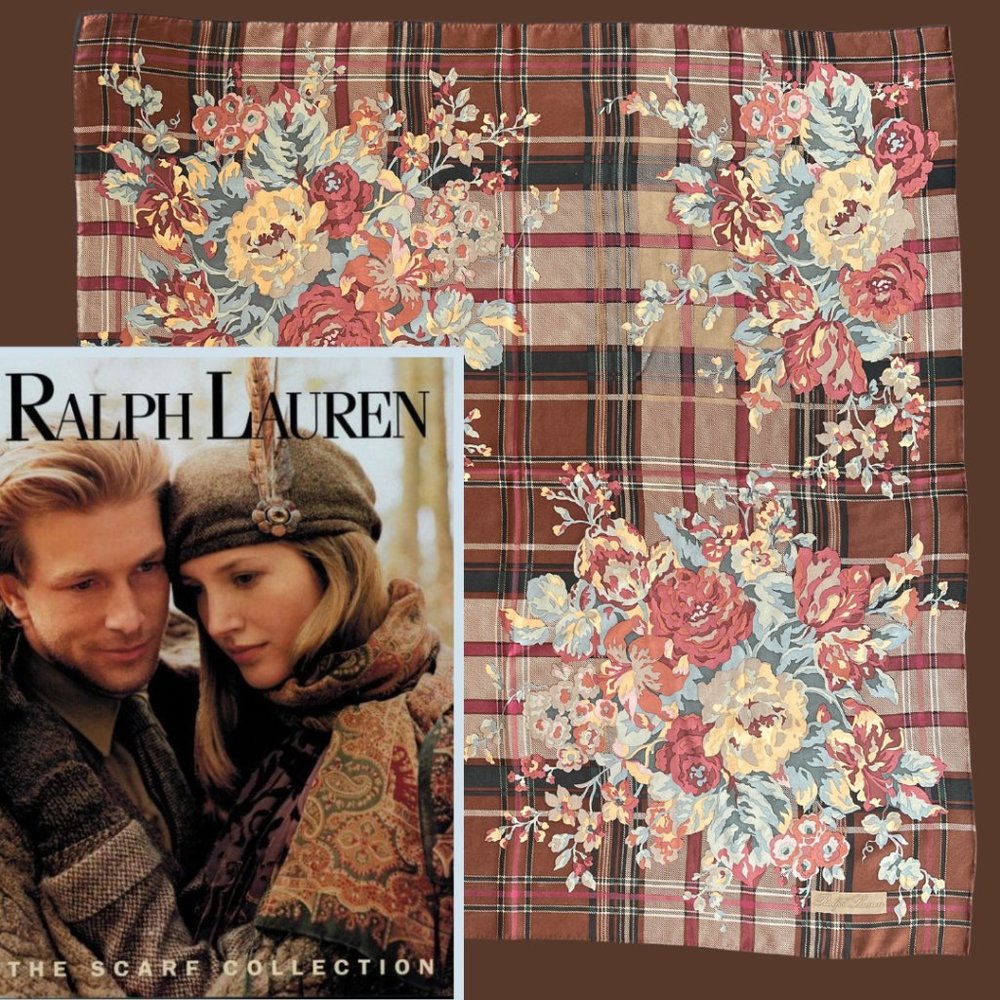 Authentic Ralph Lauren 100% Silk Scarf Floral Motif on Plaid Vintage Collectible